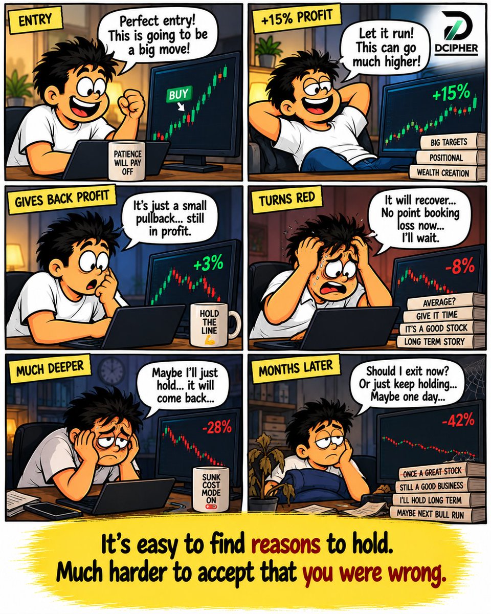 DCipherMarkets's tweet photo. Sometimes, the biggest loss isn't what the market takes from you.

It's how long you spend refusing to accept what it has already told you.

- DCipher

#DCipherMarkets #TradingPsychology #LossAversion #SunkCostFallacy #RetailTrading #InvestorMindset #IndianStockMarket #ITStocks
