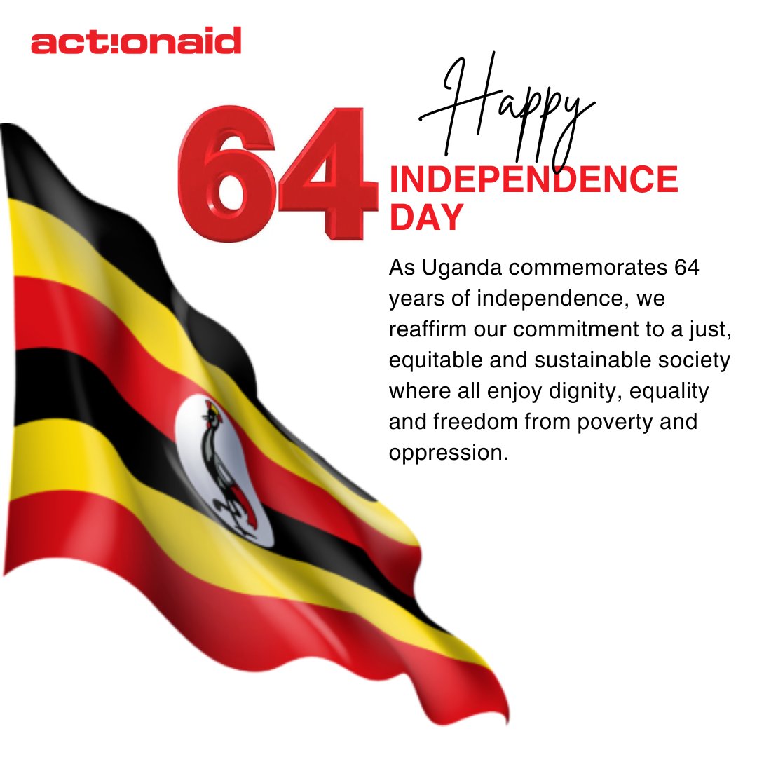 actionaiduganda's tweet photo. As Uganda commemorates 64 years of independence, we reaffirm our commitment to a just, equitable and sustainable society where all enjoy dignity, equality and freedom from poverty and oppression. May visionary leadership guide our shared future. https://t.co/6uMvwCwDpv