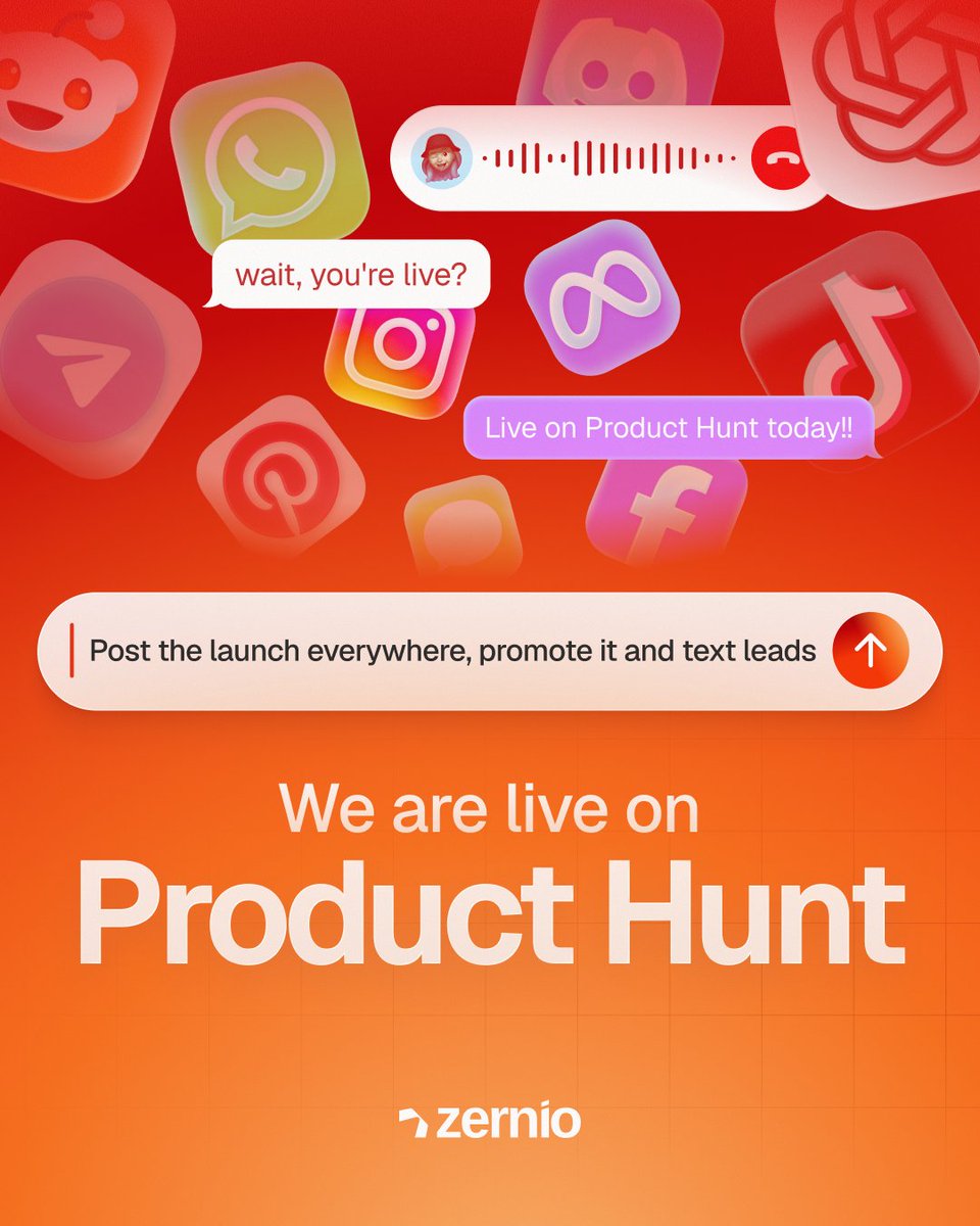 charleslayerr's tweet photo. We're live on Product Hunt today.

Zernio started as a social API -> One integration instead of sixteen OAuth flows. This is still live.

Suddenly, the product got bigger. 
Same API now covers ads, WhatsApp, messaging and calls. Agents can publish, reply, text and pick up the phone without you wiring each channel.

This is what launch today is about:
Marketing infrastructure for products and agents. 

If you've ever started a social integration and watched it turn into a six-month maintenance job, this is the alternative.

Upvote or drop a comment. We'll be in the thread all day.

https://t.co/Se6XwRNEn0