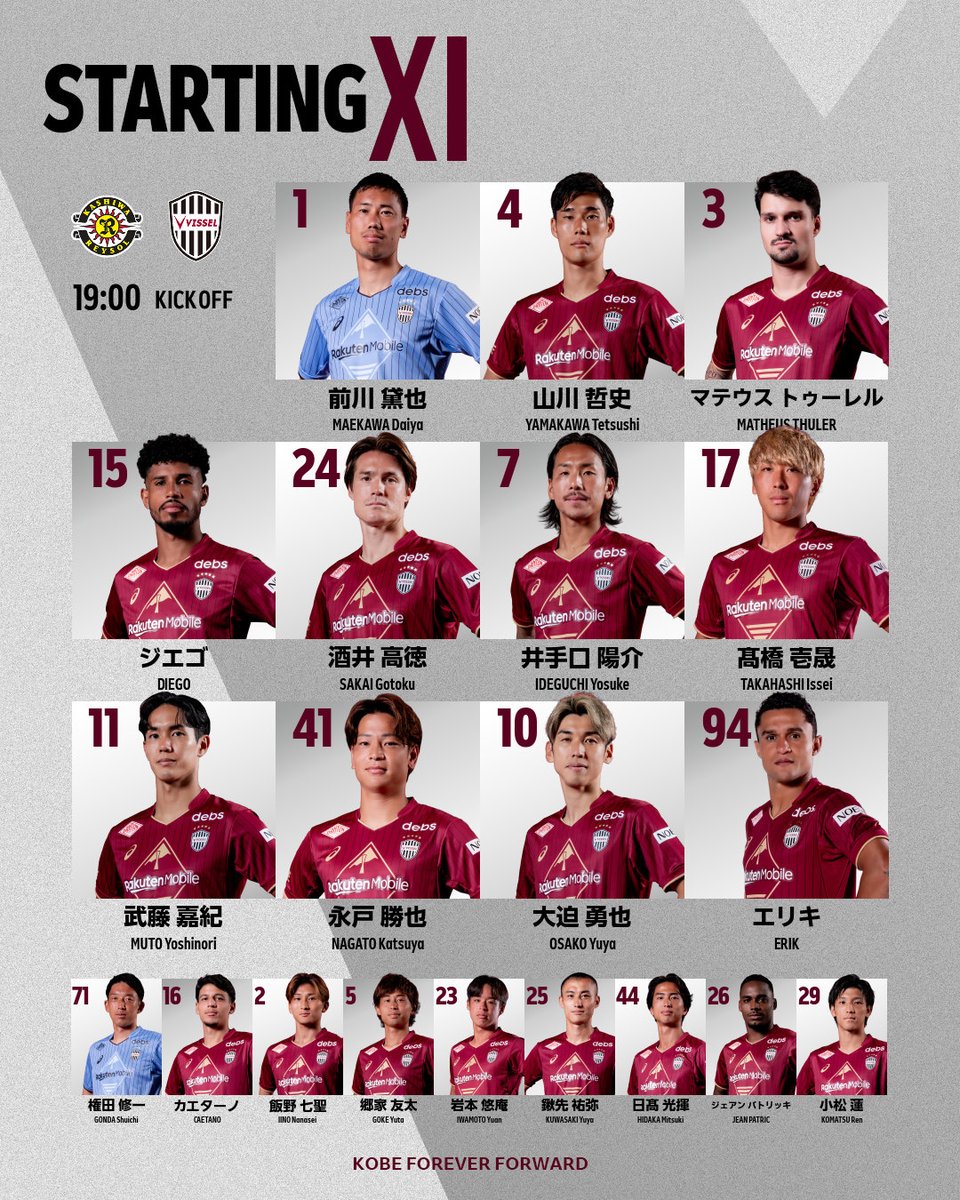 visselkobe's tweet photo. [LINEUP] 

今日はこのメンバーで柏レイソルと戦います！

Here is today's starting lineup against KASHIWA REYSOL !

試合中継は @DAZN_JPN 📺
視聴は⏩https://t.co/zK724Kp2FE

#visselkobe #ヴィッセル神戸 https://t.co/OJ8RKkV9bo