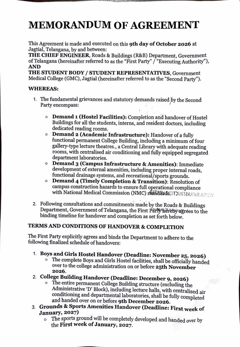 gmcjagtial's tweet photo. A WRITTEN AGREEMENT AT LAST! ✊

After days of peaceful protest, GMC Jagtial students have secured a written agreement with the R&B Department, setting deadlines for hostel handover by November 25, 2026, the permanent college building by December 9, 2026, and complete campus infrastructure by February 2027.

This is a step forward. Now, the focus must be on implementation and meeting every deadline.

Promises are now on paper. We will keep watching until they become reality.

#GMCJagtialForgotten #GMCJagtialNeedsBasicInfrastructure #PromisesAreNotBuildings