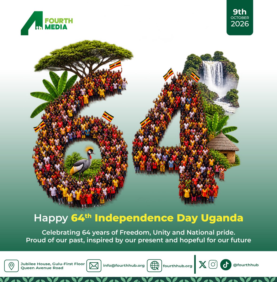 fourthhub_ug's tweet photo. On 9th October 1962, Uganda became a free nation. Today we honour those who made it possible and celebrate the Pearl of Africa and its resilient people.

For God and My Country.🇺🇬

Fourth Hub wishes you a joyful and safe celebration.

#UgandaAt64 #UgandaIndependenceDay #PearlOfAfrica