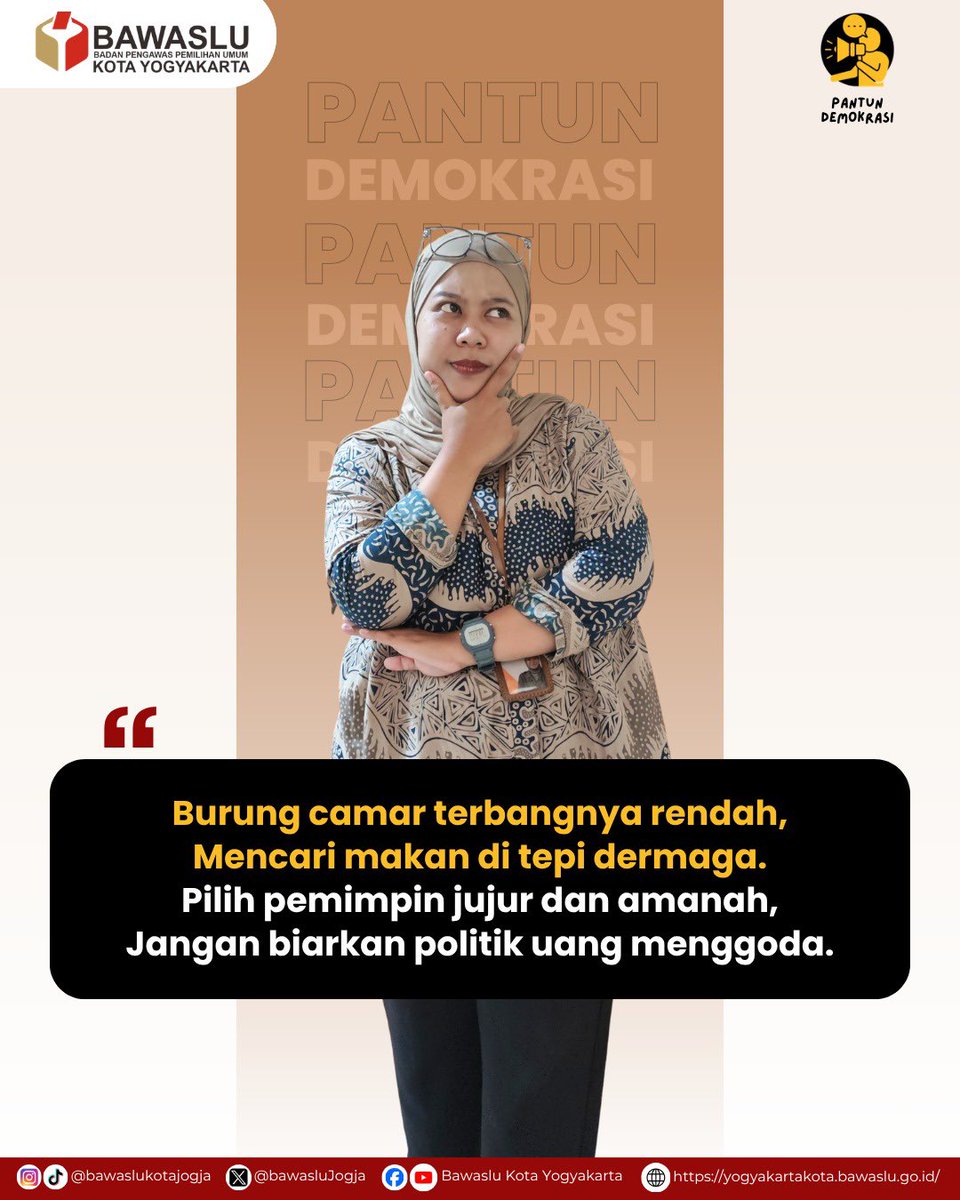 BawasluJogja's tweet photo. Suara kita bukan barang dagangan!
Pilih pemimpin berdasarkan integritas, rekam jejak, dan gagasannya, bukan karena iming-iming uang. Jangan biarkan politik uang merusak demokrasi dan masa depan kita.
Berani tolak politik uang?
#PantunDemokrasi #politikuang #Bawaslukotayogyakarta https://t.co/O5jqeubhd9