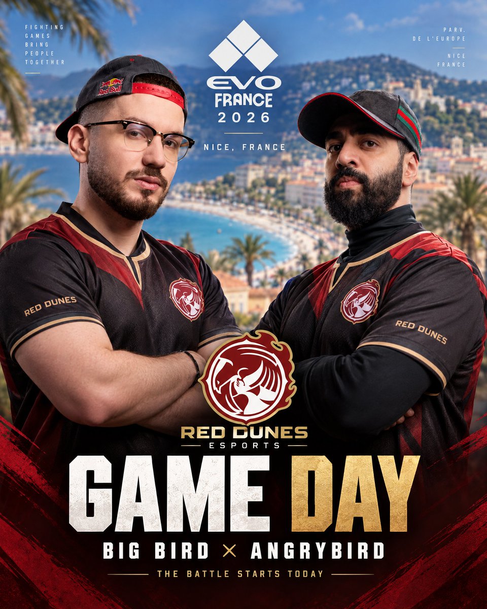 RedDunesEsports's tweet photo. Nice, it’s game time! 🔥

Big Bird and AngryBird are ready to take the fight to EVO France 2026.

The French Riviera is the backdrop. 

The stage is set. 
The battle starts today.
#EVOFrance2026 #EVOFrance #RedDunesEsports #StreetFighter6 #FGC https://t.co/aVlewRr0Ve