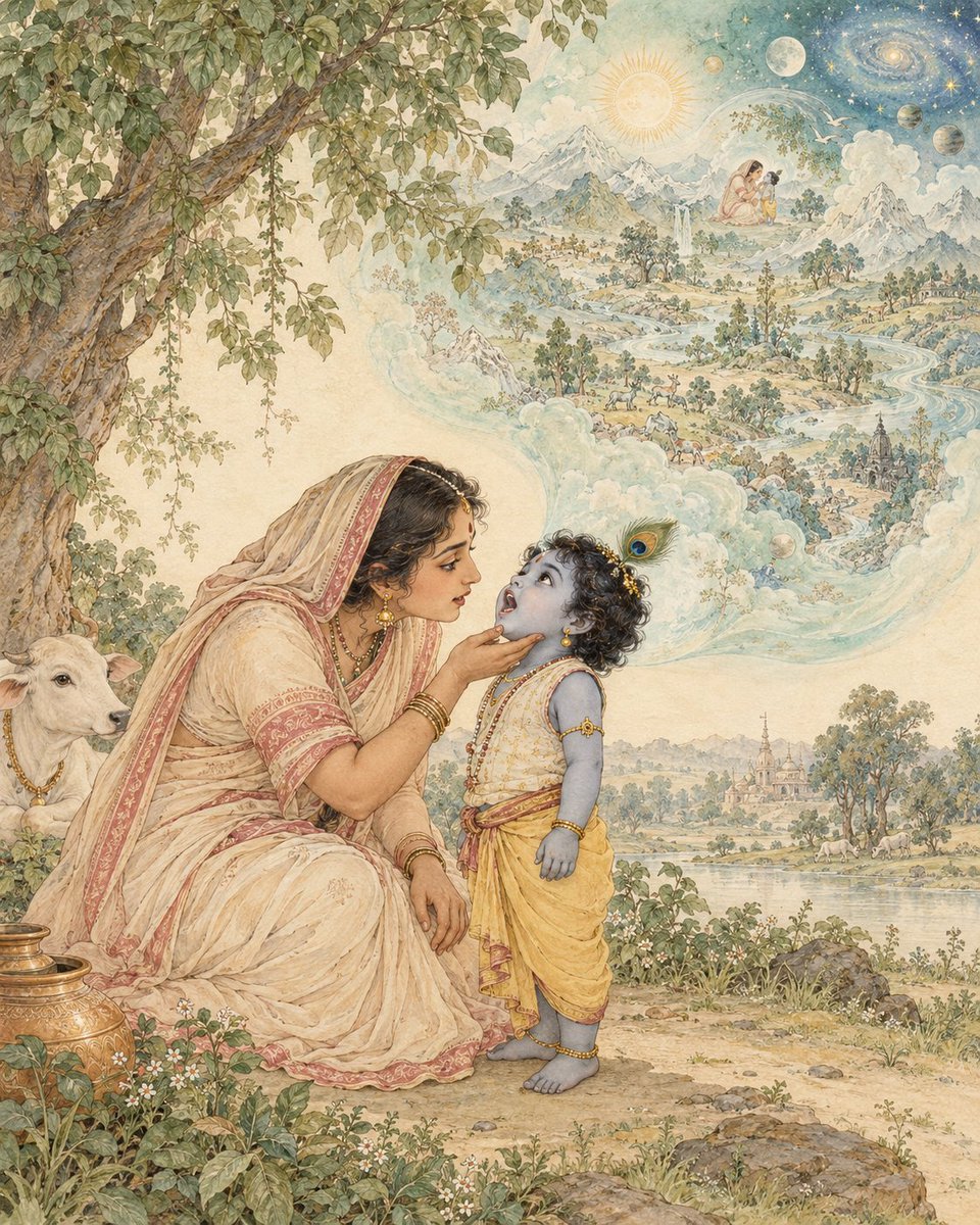 tapan_reading's tweet photo. Shrimad Bhāgavatam

Ma Yashoda with Bal Gopal Little Krishna

10.8.39
एतद्विचित्रं सह जीवकाल-
स्वभावकर्माशयलिङ्गभेदम् ।
सूनोस्तनौ वीक्ष्य विदारितास्ये
व्रजं सहात्मानमवाप शङ्काम् ॥ ३९ ॥

Inside her son’s open mouth, she saw this whole astonishing creation: living beings, time, their natures, actions, inner tendencies and varied bodies. She saw Vraja, their own home, and even herself within it. She was overcome with bewilderment and apprehension. Verses 37–39