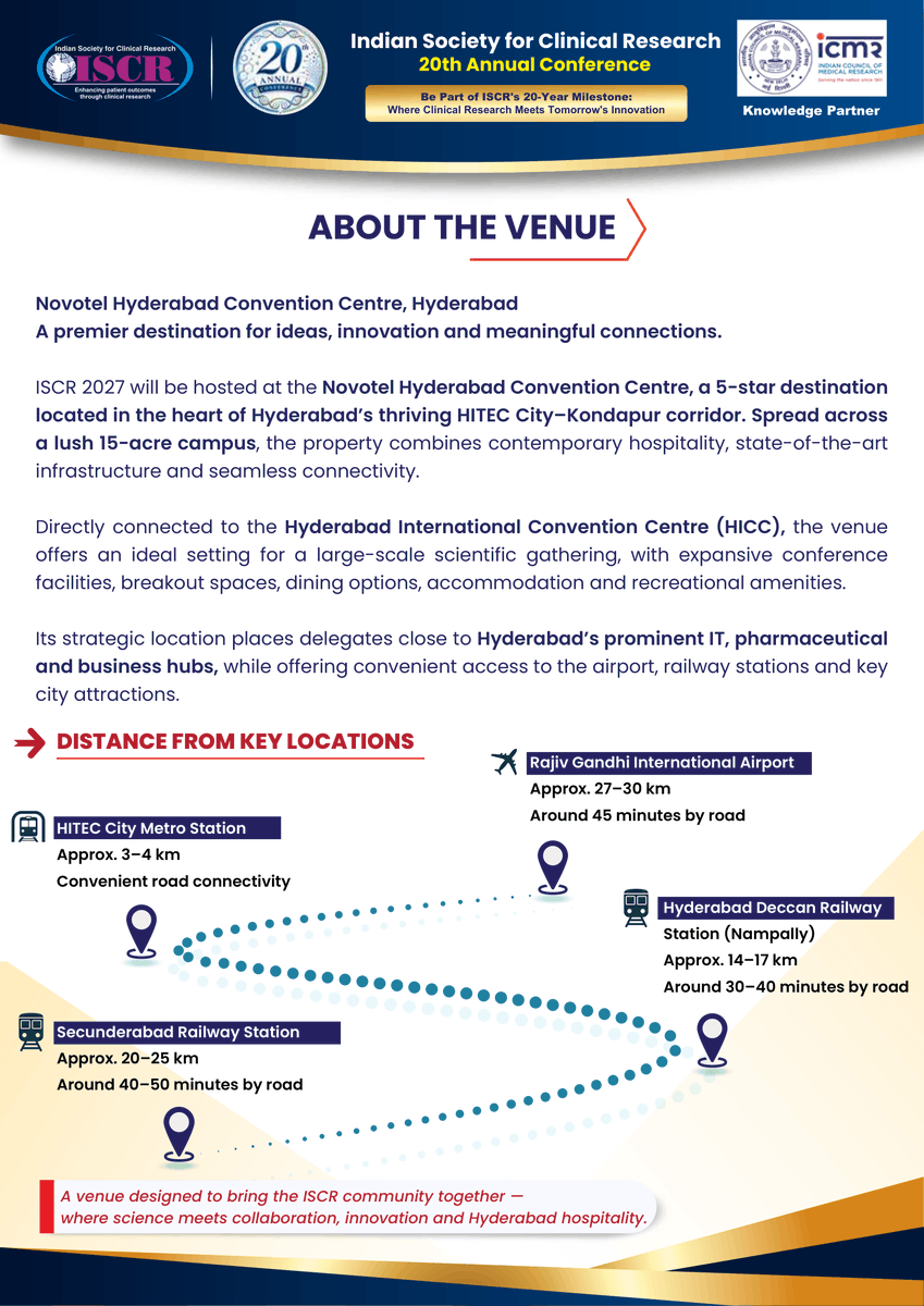 iscrindia's tweet photo. 📢 Registrations now open for the ISCR 20th Annual Conference 2027
📅 21-23 Jan 2027 | 📍 Novotel Hyderabad Convention Centre &amp; HICC
Pre-conference workshops on 21 Jan, main conference on 22-23 Jan. Early bird registration open until 30 Nov 2026
Register: https://t.co/wSH3AAZnkg https://t.co/uIWrdjUDXL
