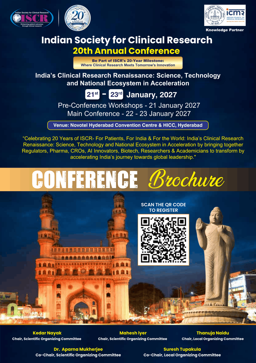 iscrindia's tweet photo. 📢 Registrations now open for the ISCR 20th Annual Conference 2027
📅 21-23 Jan 2027 | 📍 Novotel Hyderabad Convention Centre &amp; HICC
Pre-conference workshops on 21 Jan, main conference on 22-23 Jan. Early bird registration open until 30 Nov 2026
Register: https://t.co/wSH3AAZnkg https://t.co/uIWrdjUDXL