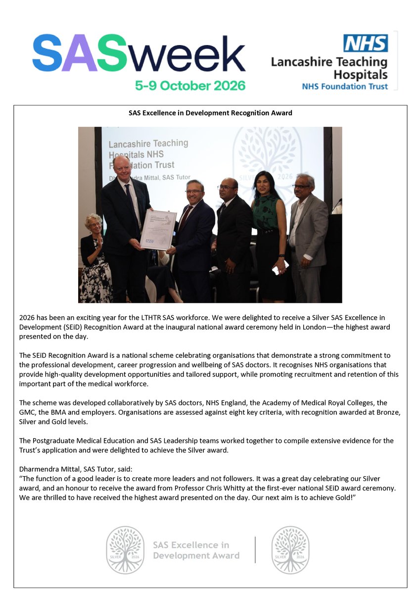 PostgradLTHTr's tweet photo. And of course, we couldn't not mention our Silver SEiD Award during #SASweek26 😉

Thank you to all of our SAS workforce for all your hard work and dedication at @LancsHospitals , we really appreciate all that you do! ♥️

#MedEd #MedTwitter #SASweek https://t.co/OC6GJACEqZ