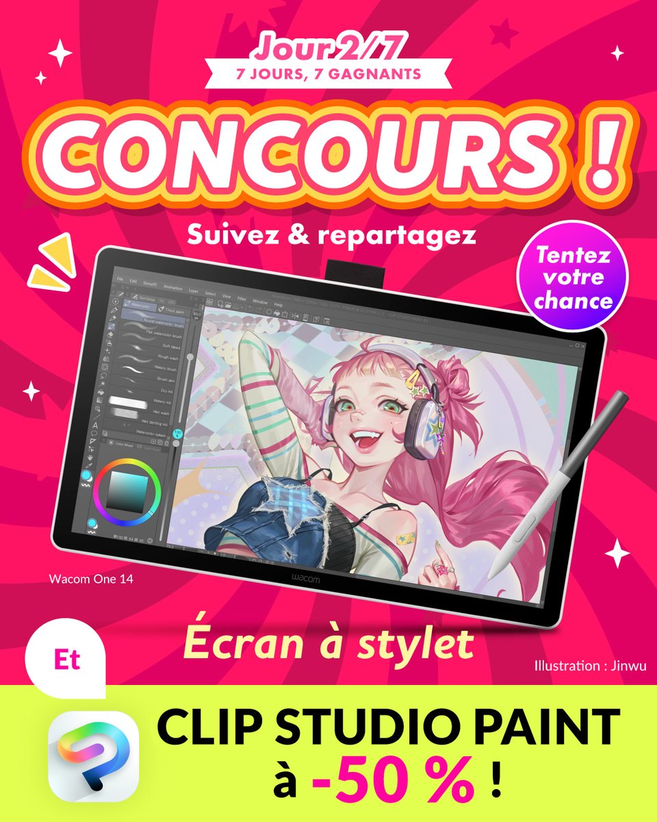 clipstudiopaint's tweet photo. Une tablette à écran à gagner chaque jour !✨
7 chances de gagner !

Suivez &amp; repostez pour participer.
Juqu'au 15 octobre à 10 h (CEST).
Participez sur X, Instagram, TikTok et Facebook pour augmenter vos chances !
https://t.co/2rZ9mVj3Yh https://t.co/YZDwiQqX4z