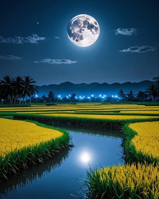 A nighttime scene of golden rice paddies reflecting moonlight, with a large full moon in the sky, palm trees on the horizon, and city lights glowing in the distance.