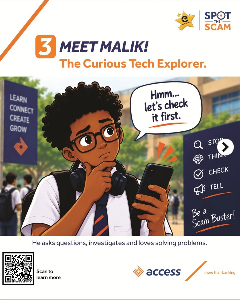 access_more's tweet photo. Meet Tobi, Ada and Malik, our Scam Busters! 🔎

An opportunity seeker, a social butterfly and a curious tech explorer. 

Three friends with different personalities, about to discover that things online are not always what they seem.

From unexpected prizes to urgent messages, follow their stories as they uncover clues and put their scam-spotting skills to the test. 

Can you spot the warning signs before they do?

You too can become a Scam Buster. 

Register at https://t.co/76Ejf2iXPi

#SpotTheScam 
#AccessBank 
#MoreThanBanking