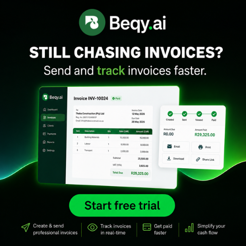 Beqyai's tweet photo. Still chasing invoices? Send, track, and get paid faster with Beqy. See when it's created, sent, viewed, and paid — no more wondering.

Start your free trial → https://t.co/XFlgCVXU20

#Beqy #InvoicingMadeEasy #FinTechAfrica https://t.co/sXvTPCtByg