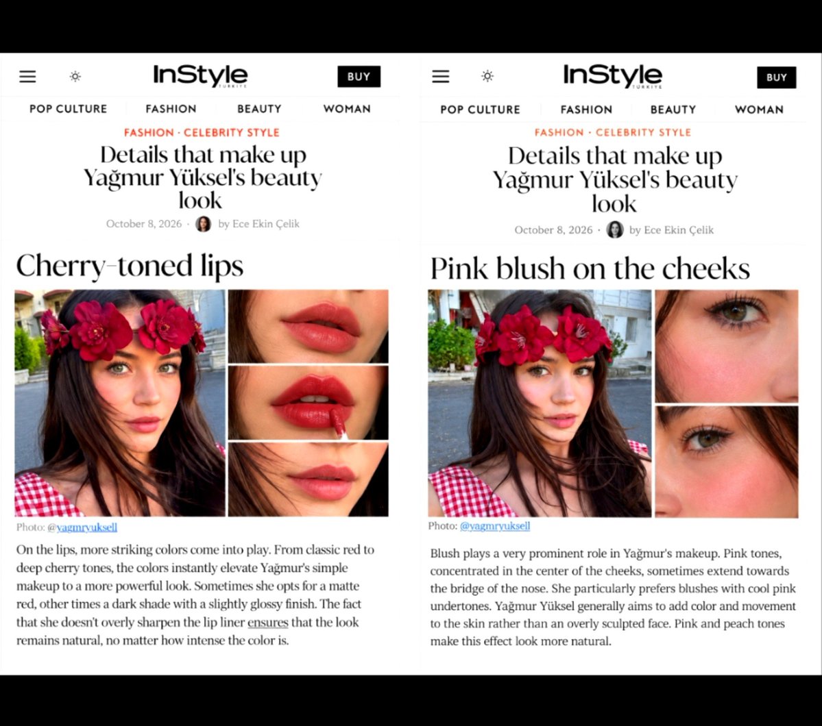 y827161511's tweet photo. ✨ Featured in InStyle Türkiye🇹🇷
💋 Cherry-toned lips & pink blush on the cheeks 🌷
Yağmur Yüksel’s beauty look is a beautiful harmony of rich cherry lips and soft pink blush, blending timeless elegance with a fresh, romantic touch. 🍒💗 Every detail adds warmth and softness, creating a naturally radiant look that captures her delicate charm and effortless grace. 🌸✨
✍️ Article by: Ece Ekin Çelik
📅 Published: October 8, 2026
Original feature: Details That Make Up Yağmur Yüksel’s Beauty Look
#YağmurYüksel #InStyleTürkiye #BeautyEditorial