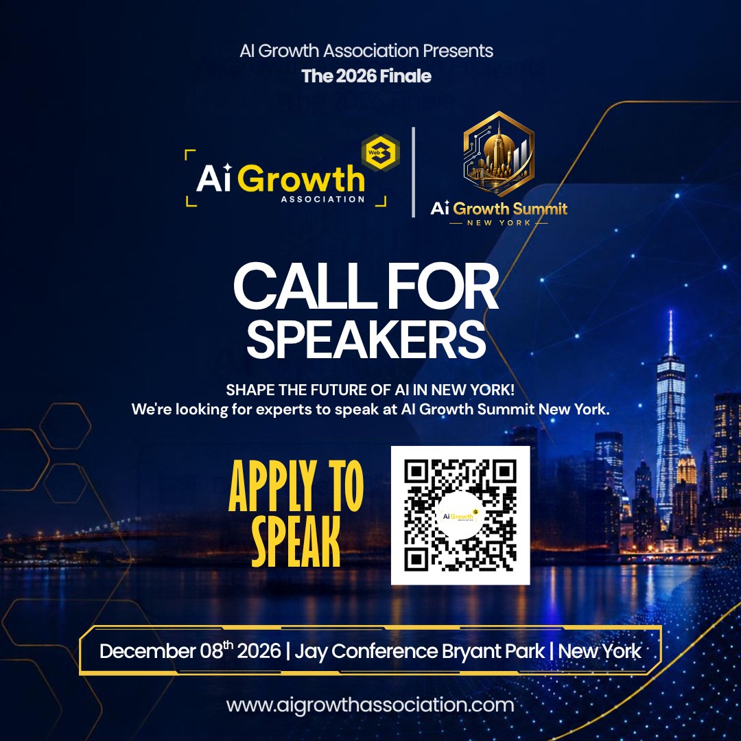 AiGrowthSummit's tweet photo. Call for speakers: AI Growth Summit New York.

Dec 8, 2026. Jay Conference Bryant Park.
Operators and builders only. Apply: https://t.co/X07l32GnTB https://t.co/PQulmVJ8oE