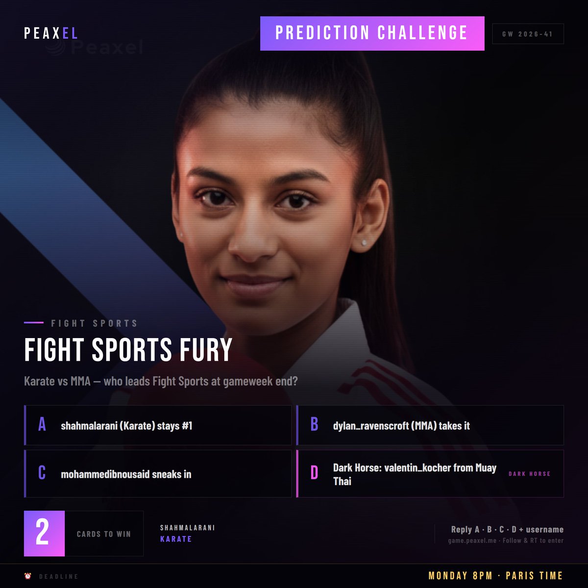 Peaxel8888's tweet photo. 👊 FIGHT SPORTS FURY

Who leads Fight Sports by GW 41 end?

A) shahmalarani
B) dylan_ravenscroft
C) mohammedibnousaid
D) valentin_kocher

Like + RT + Reply + Username

#Peaxel #FightSports #MMA #Karate https://t.co/qhDS2gMYgj