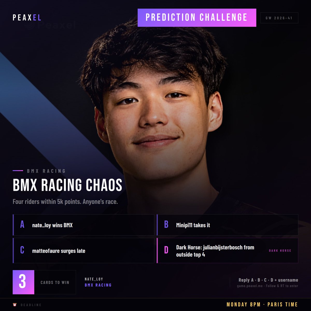 Peaxel8888's tweet photo. 🚴 BMX RACING CHAOS

4 riders within 5k. Who wins BMX in GW 41?

A) nate_loy
B) Minipi11
C) matteofaure
D) julianbijsterbosch

Like + RT + Reply + Username

#Peaxel #BMXRacing #AthleteEconomy https://t.co/ciGeL9aTUb
