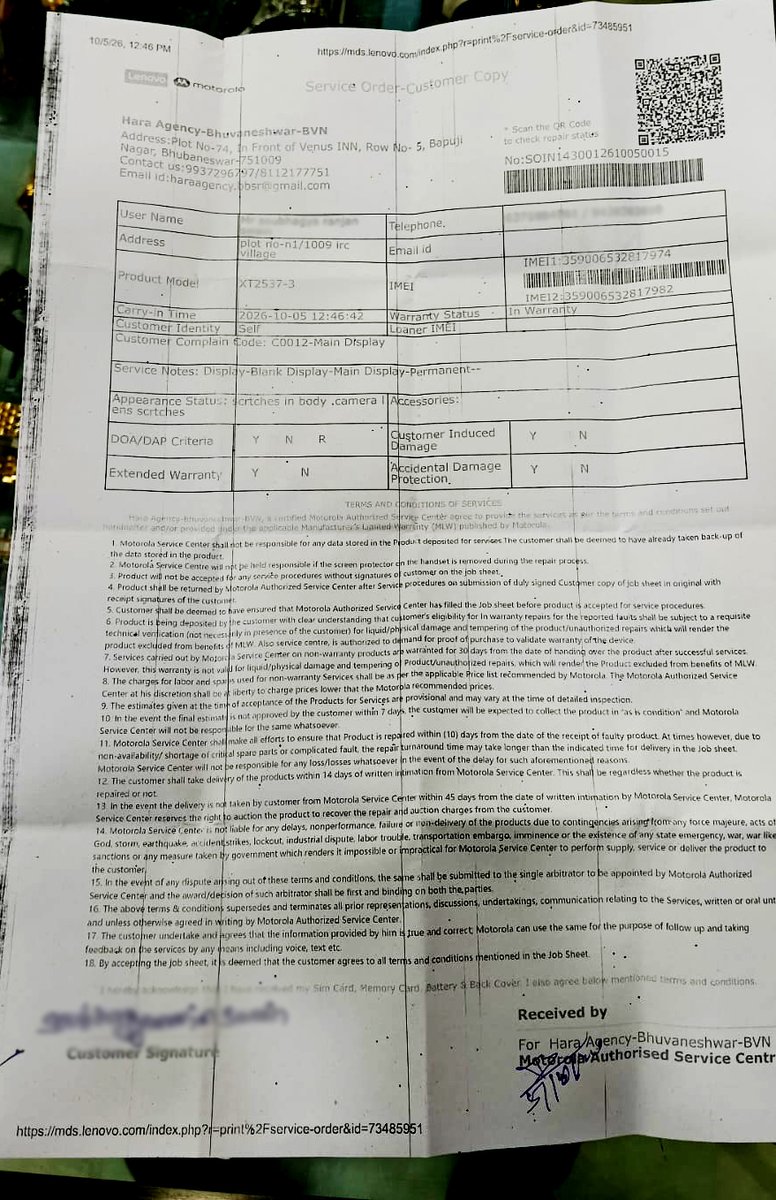 ranjitnayak0508's tweet photo. @Moto_Support @MotorolaIndia Please clarify exactly what damage u found &amp; provide evidence to support ur decision to deny  service. My service job sheet states“In Warranty,”yet service was refused. This raises serious concerns about ur service. investigate &amp; resolve this matter seriously. https://t.co/SUAeTqjtyz
