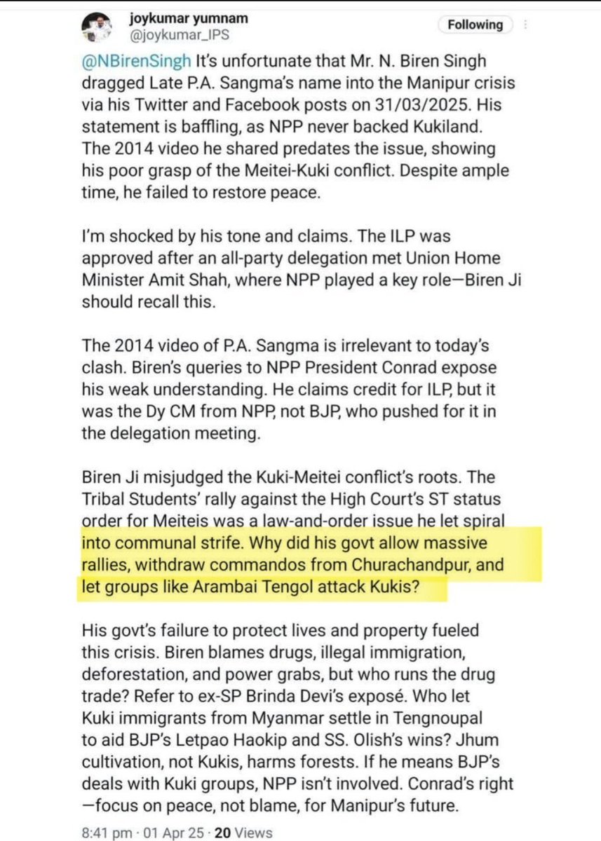 JShakurB's tweet photo. "Why did @NBirenSingh withdraw Commandos from Ccpur & let Arambai Tenggols attack Kukis?"
-Former DGP & Dy CM of Manipur.

"Biren Singh & Former MP Sanajaoba deployed AT & BJYM near ccpur since 2nd May, the first Meitei houses were burned by them, the AT & BJYM attacked kukis 1st on 3rd May."
-Former Addl SP.

"Biren started this war & He's the one who has destroyed Manipur. We were his foot soldiers carrying out his commands without hesitation wherever he ordered us to go."
-BJYM President.

"I know This war was started by Me."
-Biren Singh himself.
@ThePrintIndia  @News9Tweets @MIB_India @ttindia @the_hindu  @PTI_News @IndiaToday @ndtv @WIONews @DeccanHerald @EastMojo @News18India @NELiveTV @WasbirH 
@aajtak @DDNewslive @ndtvindia @Republic_Bharat @reporters_co @IndiaTodayNE @sardesairajdeep @rahulkanwal @narendramodi @HMOIndia  @thewire_in @NortheastToday @NENowNews @Spearcorps @adgpi @official_dgar @ColHunnyBakshi  @elitepredatorss @FrontalForce
@MeghUpdates @Goreunit
@defencealerts @republic @LokBhavManipur @AdityaRajKaul @Arunchauhanhere @Dig_raw21 @IndiaWarMonitor @TacticalKafir @RShivshankar @rishibagree  @mrsinha @meiteiheritage
@KreatelyMedia @WorldMeeteiConv