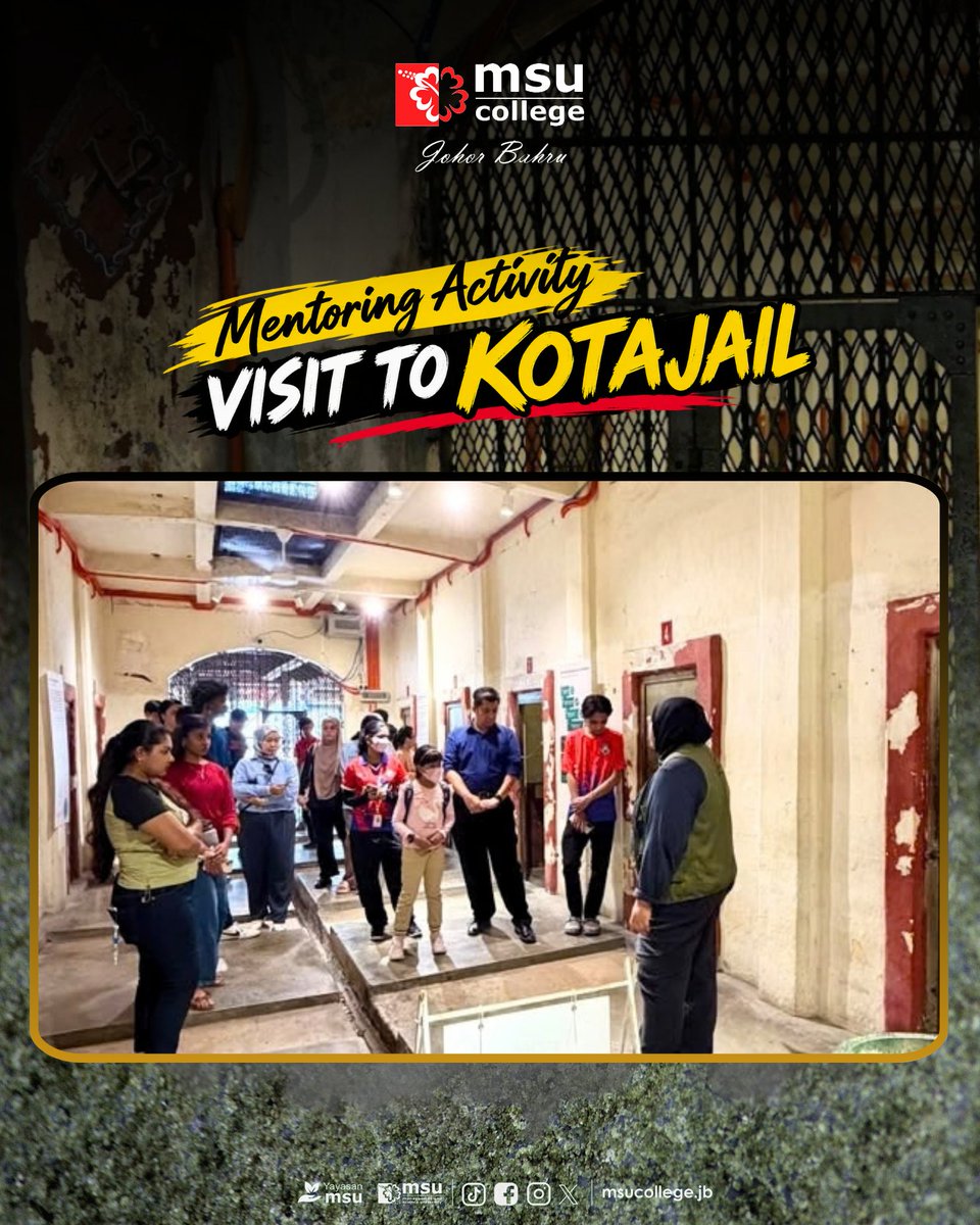 msuc_jb's tweet photo. A meaningful visit to Kotajail, the 143-year-old Ayer Molek Prison Museum, unveiled fascinating stories of prisoners &amp; life behind bars.

The visit offered valuable lessons through the whipping gallery, reminding everyone to respect the law, make wise choices and cherish freedom. https://t.co/A3IyRm2Pds