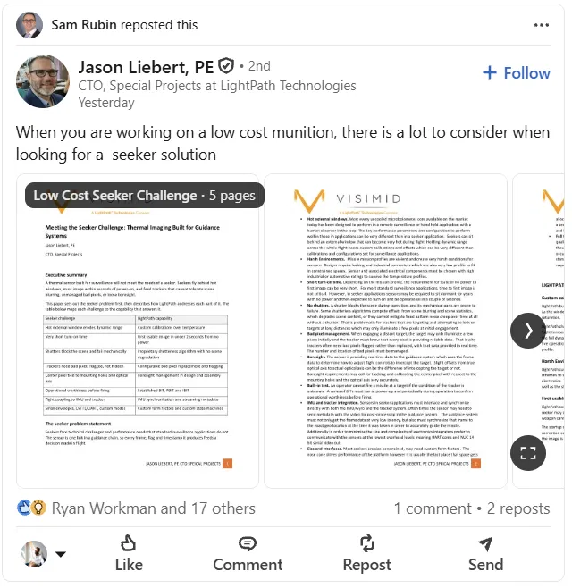 OptimusDelta's tweet photo. $LPTH's CTO of Special Projects has just put out a white paper on low cost seekers, and @skrubin  reposted it, so this is the company putting its name to it.

The interesting part is what they're selling. 

It's not glass or a lens, it's the whole seeker sensor module, with calibration for a window that heats up in flight, a usable image in under two seconds from cold, shutterless correction, bad pixel flagging for the tracker, built in test and IMU sync. 

That's the camera that actually guides the missile.

It's also uncooled, which is the cheap and high volume end of seekers, and that's exactly where the Army is now heading with low cost interceptors and buying seekers as standalone components rather than through a prime.

The paper is pretty direct about who it's competing with too, as it calls out off the shelf thermal cores that were built for surveillance and asks whether those suppliers will ever modify anything for your system.

My read is @lightpathtech is moving up the munitions chain from optics supplier to seeker supplier, which is a much bigger slice of each round. With the redesigned G5 being unveiled at AUSA the same week, it looks like they're heading to the Army show with long range cameras for towers and seeker modules for munitions.

Long $LPTH 🫦

https://t.co/FbxAQjCypS