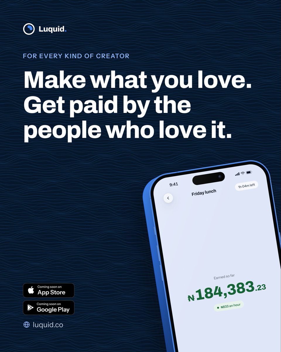 useluquid's tweet photo. You create. They love it. You get paid. Instantly. 💙
Luquid is coming soon, for every kind of creator.

Join the waitlist at https://t.co/u1aCctgdw0

And tag a creator who deserves this 👇
#Luquid #CreatorEconomy #AfricanCreators #ComingSoon https://t.co/nzG8fFcgFX