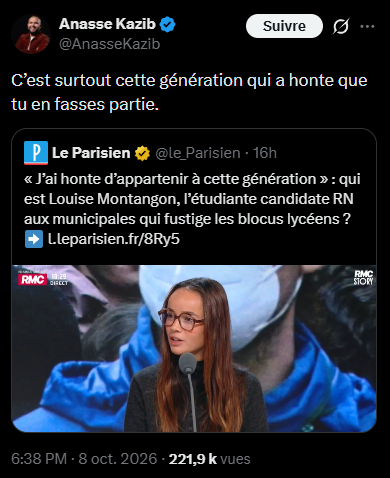 lelapindufutur's tweet photo. La Nouvelle France et l'extrême gauche se liguent pour attaquer Louise en meute, le harcèlement massif de jeunes femmes de droite est un sport national chez eux (cf Mila).

Gros soutien à elle, faut voir ce qu'elle se prend dans la gueule pour juste être blanche et pas de gauche. https://t.co/NZ6Ii3VEJV