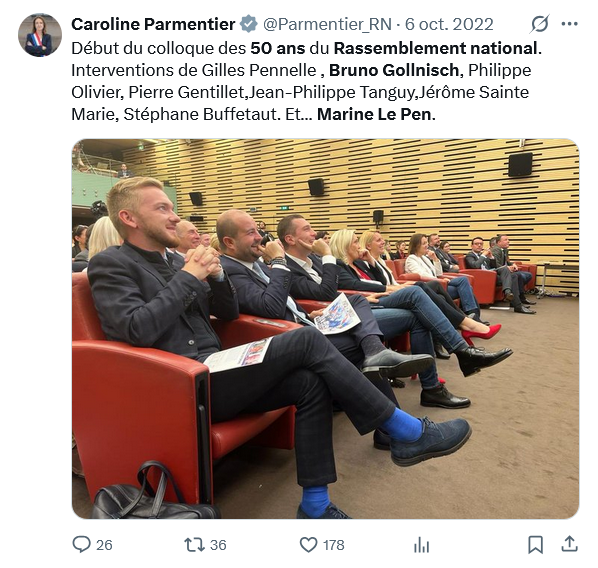 b68MiO7's tweet photo. Quand Bardella, Le Pen et toute la clique du RN assistaient au discours de l'antisémite Bruno Gollnisch pour le colloque des 50 ans du FN/RN https://t.co/9YnGLEFW5C