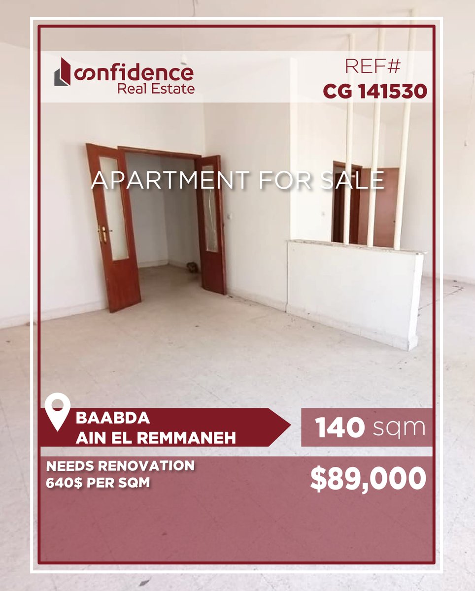 confidence_cre's tweet photo. Price: 89,000$ + 2.5% Commission
Introducing a spacious 140 sqm apartment located in a highly desirable location in Ain El Remmaneh.
For more info contact us
71000850
REF#CG141530
#AinElRemmaneh #ApartmentForSale #AinElRemmanehApartment #140sqmApartment
#CONFICG
A https://t.co/Lu2bjI6ASE