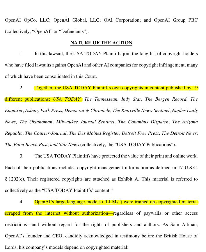 rohanpaul_ai's tweet photo. USA TODAY Co. filed lawsuit against OpenAI.

And wants $250M from OpenAI and every GPT model trained on its articles destroyed.

The suit, filed in Manhattan federal court by 14 plaintiffs covering 19 papers, says OpenAI copied hundreds of thousands of their stories. https://t.co/sTbVqGHimt