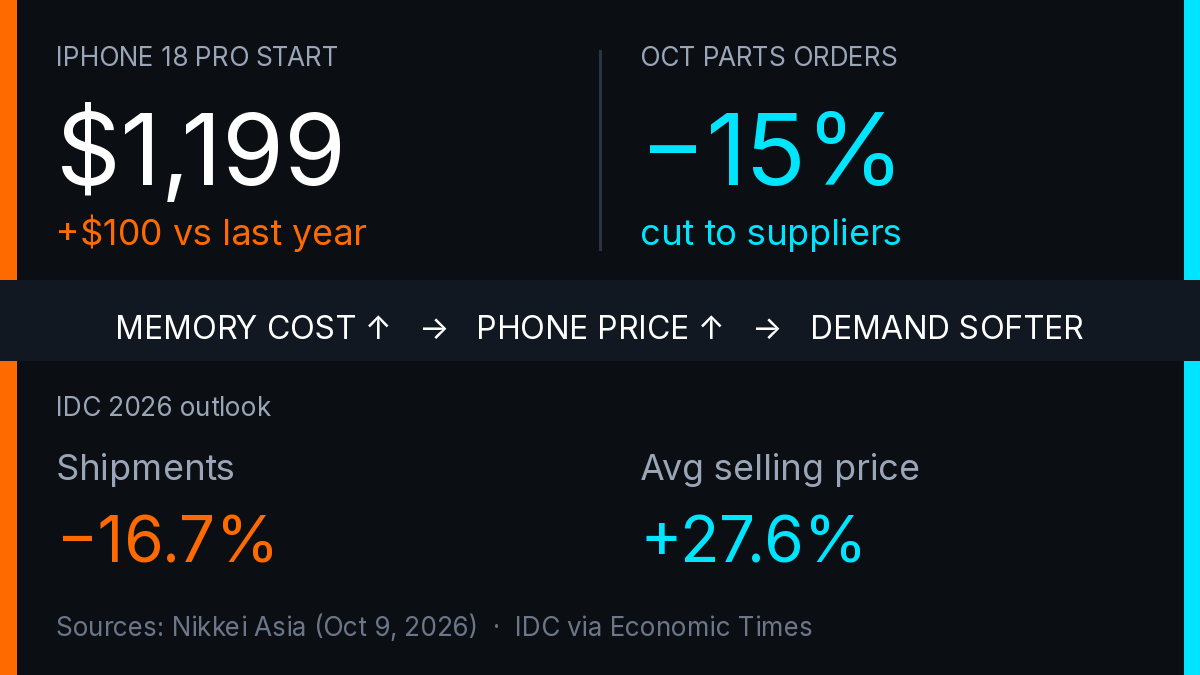 SPCXBTC's tweet photo. $1,199 iPhone 18 Pro — Apple cut parts orders by at least 15%.

Nikkei: Oct Pro/Pro Max orders trimmed on soft demand after memory-driven price hikes. Pro is $100 above last year.

IDC: 2026 shipments −16.7%, average prices +27.6%.

Is AI memory pricing phones out of reach? https://t.co/DVbyedw9P1