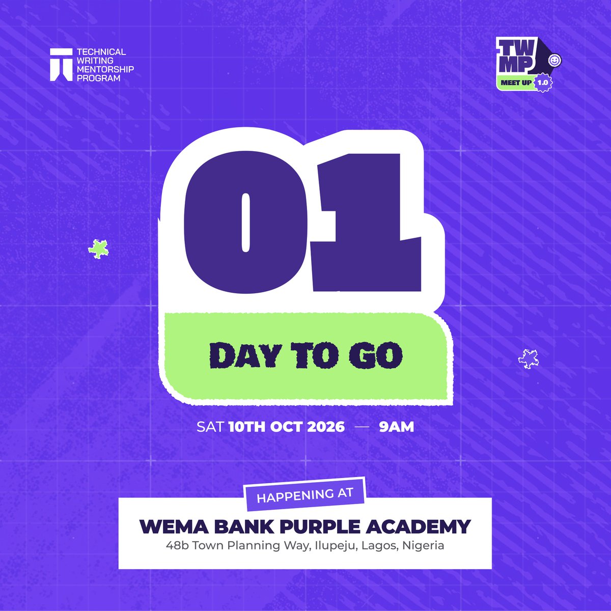 TechnicalWriti6's tweet photo. Tomorrow is the day. TWMP Meetup 1.0. Lagos, are you ready? 🚀🚀🚀 https://t.co/K0xXzAePIL