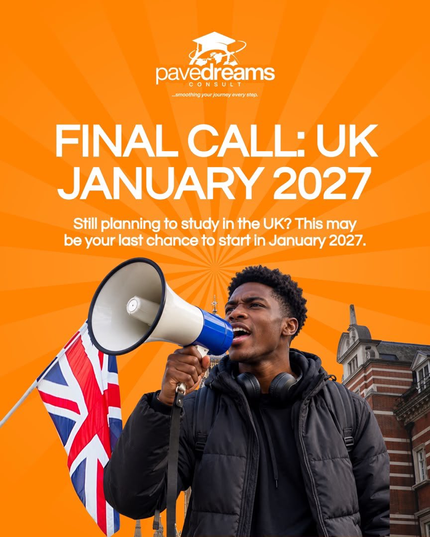 PaveDreams's tweet photo. Still planning to study in the UK in January 2027? 🇬🇧

Deadlines are fast approaching, and remember, there’s also the festive break ahead. Visa offices will be closing for the year, so you don’t want to wait until the last minute to submit your application.

The goal is to have your visa application submitted before December to give yourself enough time for processing and any unexpected delays.

If January 2027 is still the plan, NOW  is the time to get started. ⏳
#Abroadstudy #PaveDreams #UK
