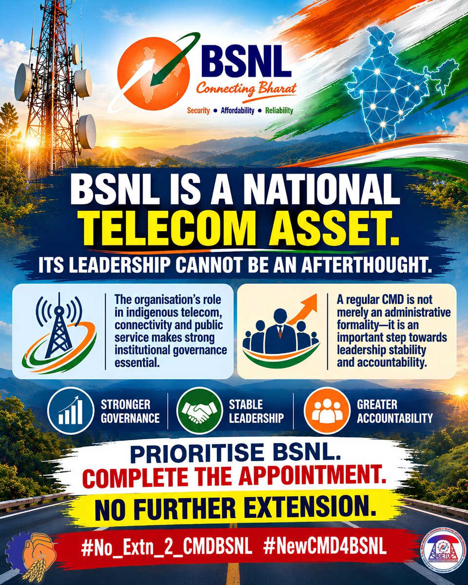 MVSNBSNL1977's tweet photo. Stable leadership can support BSNL's 4G, BharatNet and customer service priorities.
#No_Extn_2_CMDBSNL #NewCMD4BSNL
@PMOIndia @JM_Scindia @PemmasaniOnX @DrJitendraSingh @DoT_India @BSNLCorporate @BMSkendra @BmsBojji https://t.co/aZ1ANfbaL7