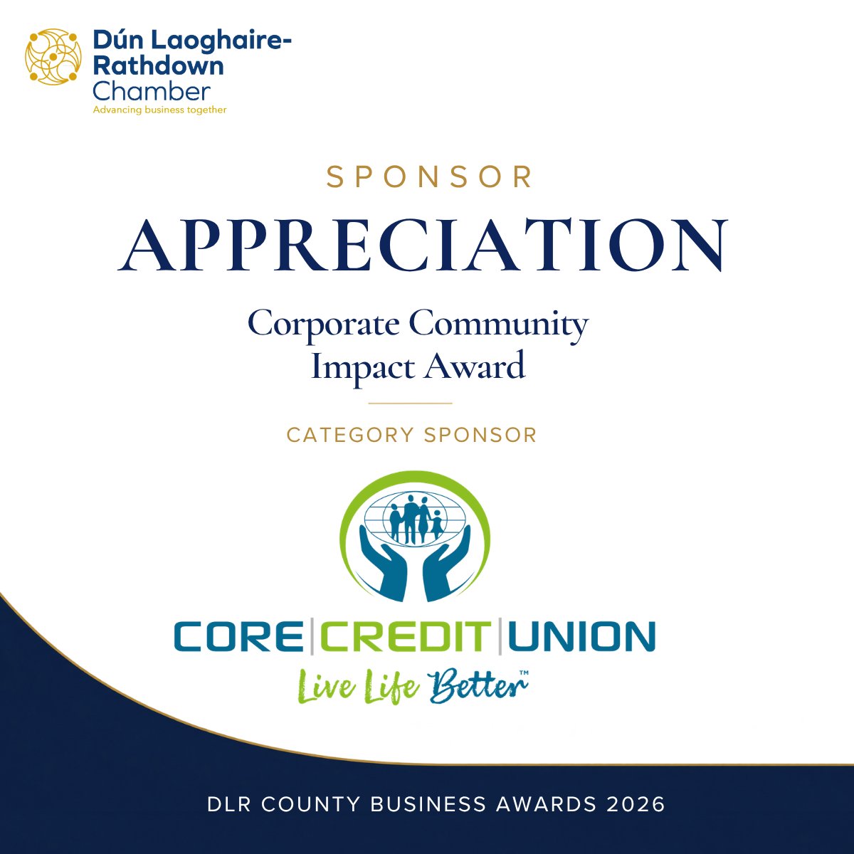 DLRCO_Chamber's tweet photo. We would like to extend our sincere thanks to Core Credit Union Ltd. for their generous sponsorship of the Corporate Community Impact Award at the DLR County Business Awards 2026.

This award recognises organisations making a significant contribution to their communities through corporate responsibility, sustainability, volunteering and meaningful partnerships.

We are delighted to have Core Credit Union supporting this year’s Awards and recognising the important role organisations play in making a positive difference in their communities. We look forward to welcoming them to the Gala Awards Dinner in November.

 Thursday, 12 November 2026
 Drinks reception from 6:30pm
 Royal Marine Hotel, Dún Laoghaire
 Black Tie
 Book your Gala tickets — https://t.co/sVLT5XyVNR

@Core_Cu 
#DLRBusinessAwards2026 #CorporateCommunityImpact #CoreCreditUnion #DLRBusiness #DunLaoghaireRathdown #BusinessExcellence