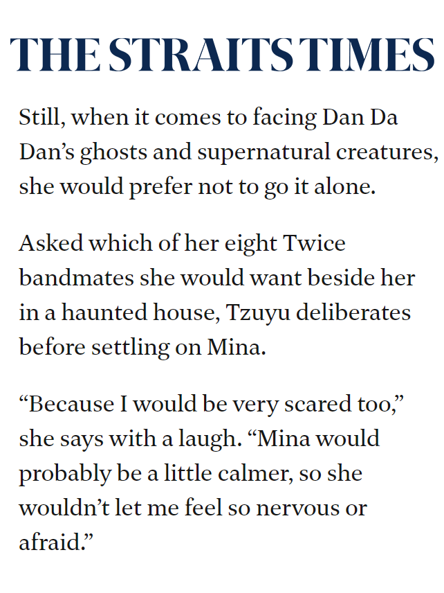 godmitzu's tweet photo. TZUYU chose MINA as the TWICE member she wants by her side in a haunted house.

"Because I would be very scared too," she says with a laugh. "Mina would probably be a little calmer, so she wouldn’t let me feel so nervous or afraid." https://t.co/6i1NByYQ7N