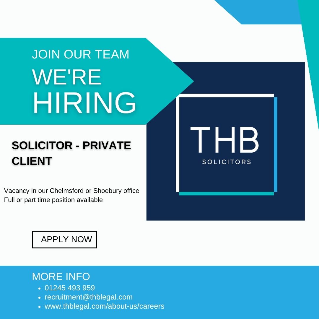 thblegal's tweet photo. WE’RE HIRING: Private Client Solicitor 
Location: Chelmsford or Shoebury (Full or part-time) Offering career progression opportunities and competitive remuneration. Send your CV: recruitment@thblegal.com Find out more: https://t.co/NI9YLDoPh1 
#legalvacancies #legaljobs https://t.co/kTeMsbdZ6U