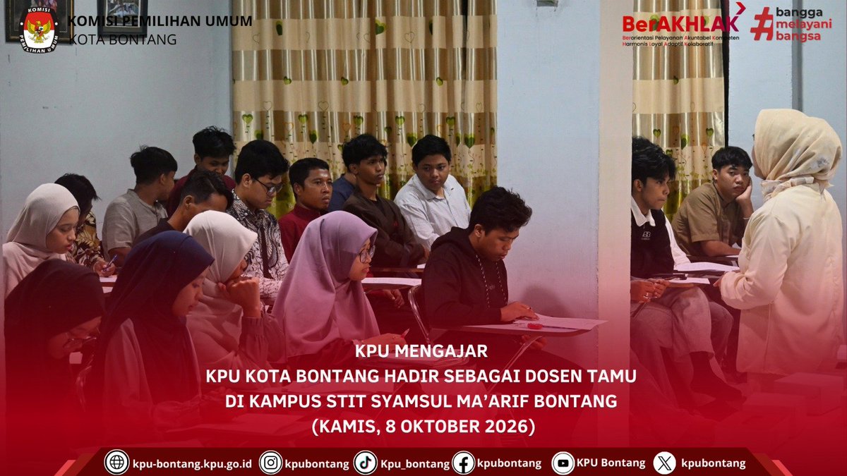 kpubontang's tweet photo. Hai #temanpemilih, KPU Kota Bontang melaksanakan kegiatan KPU Mengajar dengan menjadi Dosen tamu di Kampus STIT Syamsul Ma'arif Bontang pada hari Kamis, 8 Oktober 2026. https://t.co/W9jutD2ITf