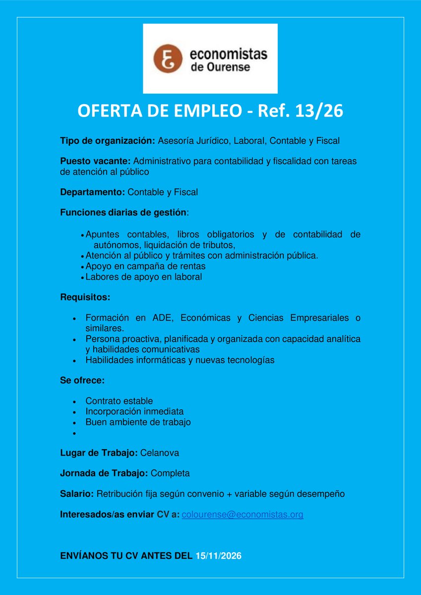 col_eco_ourense's tweet photo. Asesoría busca un/a profesional para el puesto de Administrativo/a con perfil contable, fiscal y de atención al público.
¿Te interesa la oferta?
Envíanos tu CV actualizado a: colourense@economistas.org
¡Te esperamos!
#OfertaDeTrabajo #Administrativo #Contabilidad #Fiscalidad https://t.co/8seCqQ6jKX