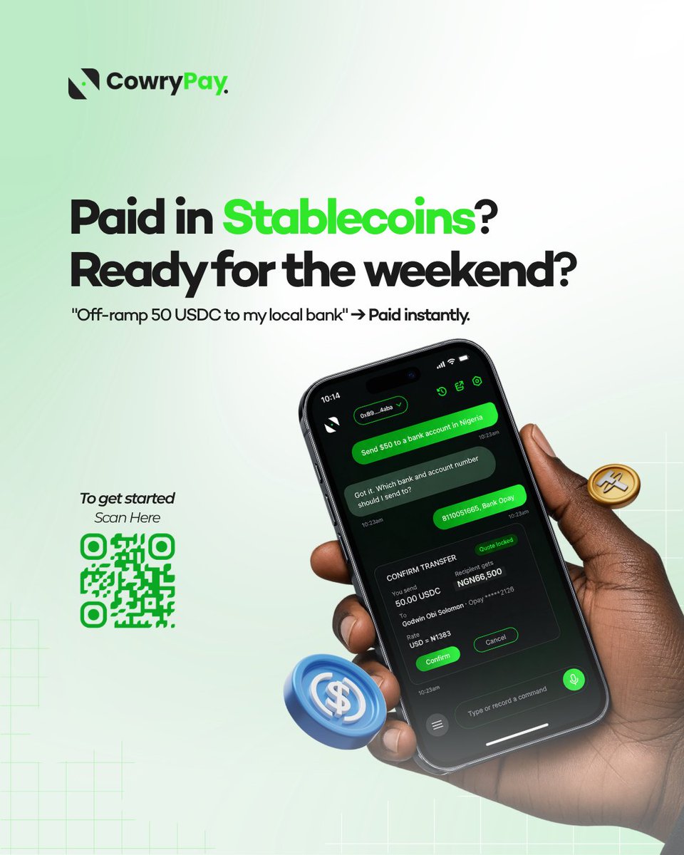 cowrypay_xyz's tweet photo. Paid in stablecoins? 👀

Don't let your money spend the weekend sitting in a wallet.

Off-ramp straight to your local bank account with CowryPay. 💸

NGN • UGX • KES • MWK • TZS https://t.co/356iLtUPEF