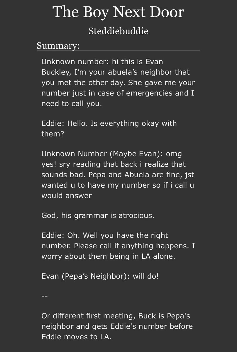 buddiestories9's tweet photo. The Boy Next Door

-rated g
-3.3k 
-for day 1 of @911countdowns10 
-Buck is Pepa’s neighbor before s1 and gets Eddie’s number in case of emergencies 
-Buck doesn’t use it for emergencies 

🔗 https://t.co/qzjA4yp59t https://t.co/R8DzYV5uPj