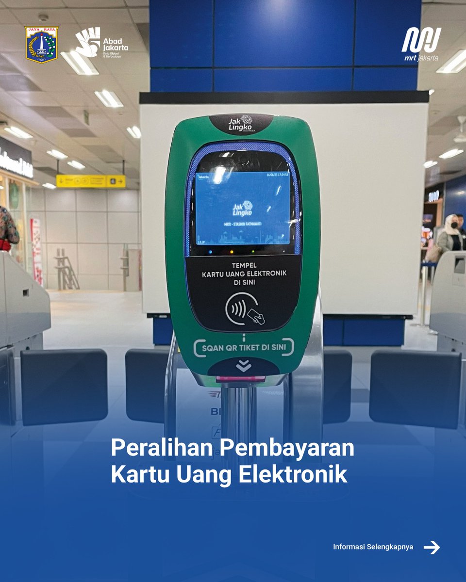 mrtjakarta's tweet photo. Mulai 12 Oktober 2026, pelanggan MRT Jakarta yang menggunakan Kartu Uang Elektronik (KUE) yang dikeluarkan oleh bank seperti E-money Mandiri, TapCash BNI, BRIZZI BRI, Flazz BCA, JakCard Bank Jakarta, dan kartu multitrip commuterline dapat melakukan pengetapan di reader JakLingko yang tersedia di passenger gate stasiun.

Langkah ini merupakan bagian dari upaya menghadirkan pengalaman perjalanan yang semakin mudah, nyaman, dan tanpa hambatan, khususnya bagi pelanggan yang menggunakan lebih dari satu moda transportasi publik.  

#MRTJakarta
#UbahJakarta