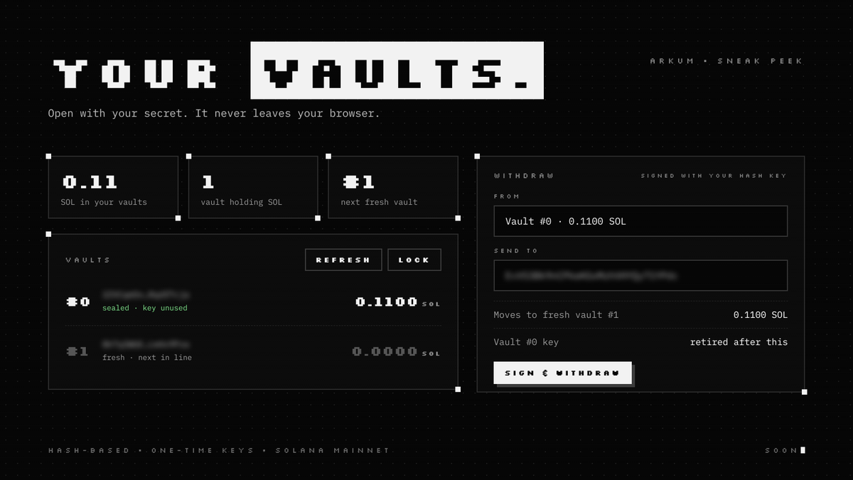 arkumprotocol's tweet photo. what an arkum vault looks like when you open it:

→ your secret never leaves the browser
→ every deposit lands in a vault whose key has never been used
→ withdraw once and that key is retired, with the rest moving to a fresh vault

post-quantum vaults on solana. https://t.co/hTvCC8XrKv