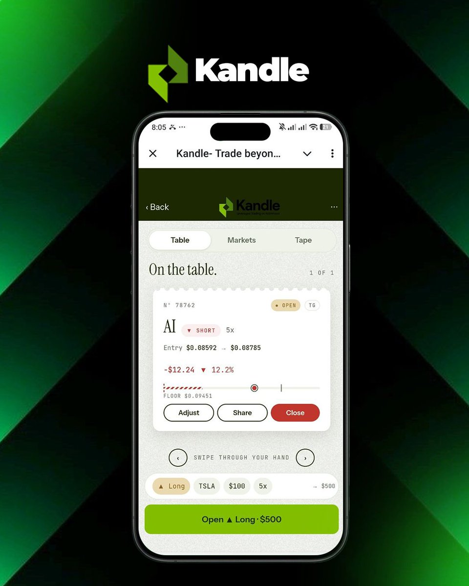 kandleapp's tweet photo. What’s on the table? 👀

Your positions. One table. Full control.

With Kandle, you can track open trades, monitor PnL, see your Floor, adjust positions, and close trades — all in one place.

→No guessing where you stand.

→Know your trade. Know your risk.

🟢 Kandle Testnet is LIVE. Your turn to trade.

Get in, explore the platform, and experience a new way to manage your trades.

👇 Join the testnet now and get started:
https://t.co/kXFUifHVeT

Don’t just watch the future of trading. Test it with Kandle.