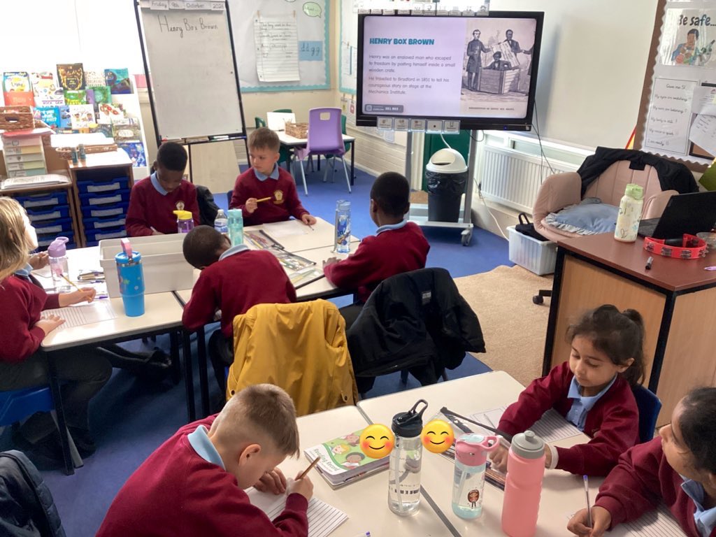 SWCPSBradford's tweet photo. Oak Class tuned into the Picture News Black History Month assembly. Then completed some work about Henry Box Brown, a man who escaped slavery. https://t.co/1Uu2pdNNCc