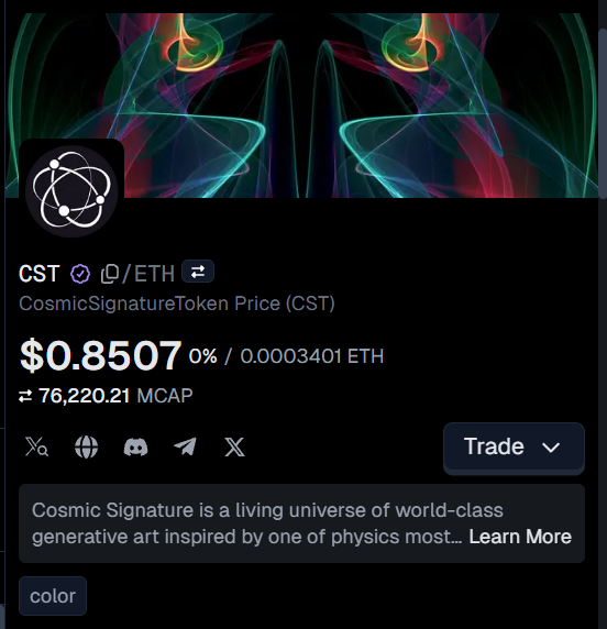 CosmicSignature's tweet photo. CST is looking pretty attractive at these prices.

For context, it touched a new ATH at $1.30 during Cycle 2.

Right now? It's trading around $0.85.

That's roughly 35% below its previous high.

And with gameplay restarting in a few days, demand for CST will boom again.

Why wait until the competition heats up to start thinking about your next move?