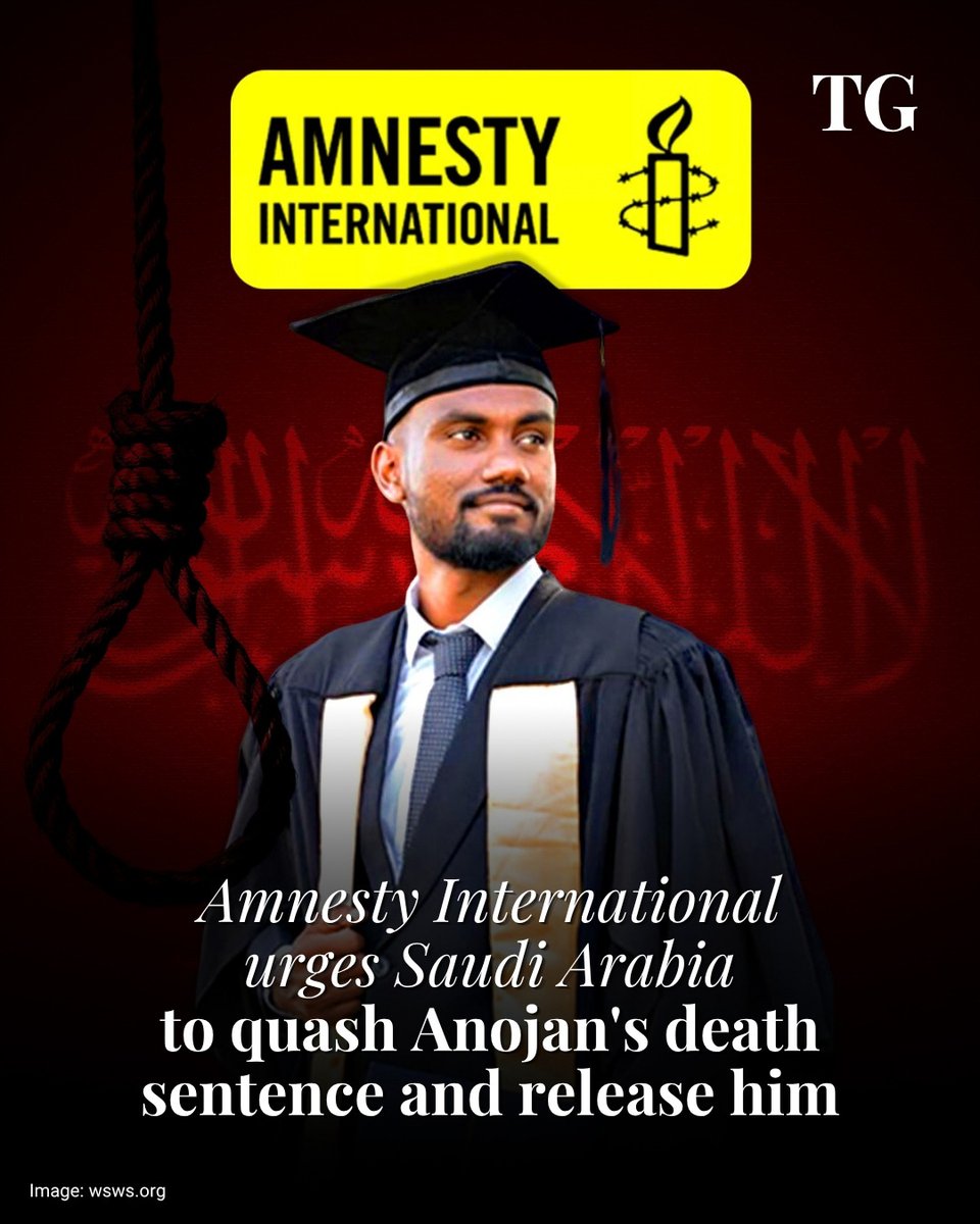 TamilGuardian's tweet photo. Amnesty International has called on Saudi Arabia to quash the death sentence imposed on Sivarasa Anojan, the Tamil migrant worker from Kalmunai condemned over a social media post, and to release him immediately and unconditionally, warning that his execution would amount to an arbitrary deprivation of life.

Read more on our website, https://t.co/L9ibmTk7gB https://t.co/pXzvDWePb0