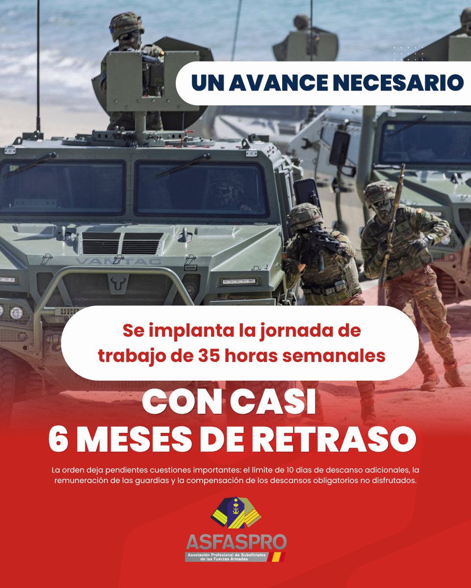 ASFASPRO's tweet photo. 🔴Un avance necesario, pero tardío.
La jornada de 35 horas llega a las Fuerzas Armadas con casi seis meses de retraso y con cuestiones importantes todavía pendientes.
#ASFASPRO #FuerzasArmadas #FAS #35Horas #Defensa https://t.co/cl1i8wInCt