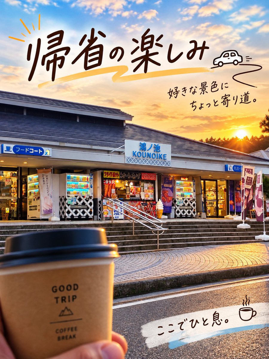 mirukukoko's tweet photo. 帰省途中、鴻ノ池サービスエリアでちょっと休憩🚗

夕暮れの空を眺めながら、しばしのんびり😸

慌ただしい日々が続いていましたが、この連休は少しリフレッシュ。

まだまだやることは山積みですが、今はひと休み。

さて、もうひと走り！
安全運転で帰ります😸 https://t.co/ZUgsGQZzwr