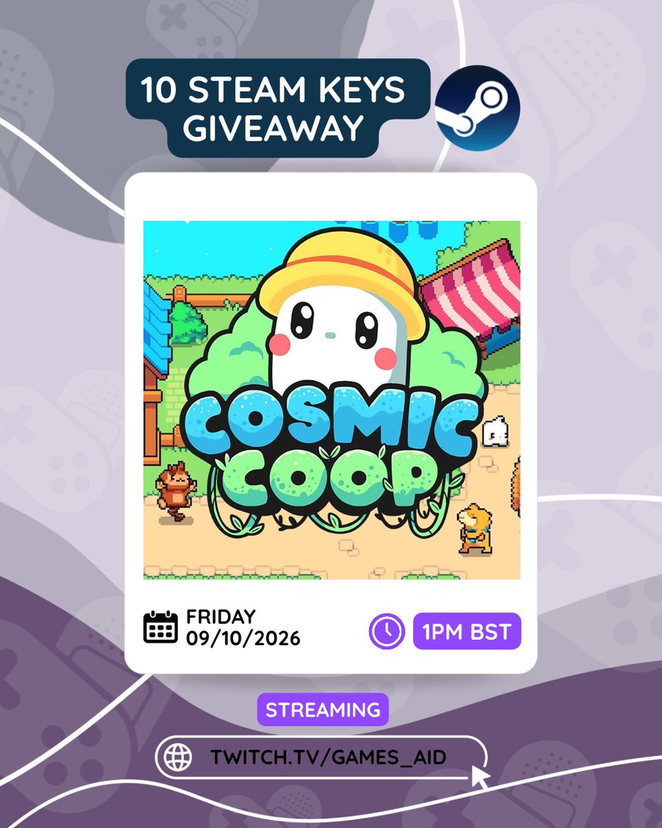 GamesAid's tweet photo. Tune in LIVE for our Friday Funday Stream Giveaway!
10 keys for Cosmic Coop ๐จโ๐พ
Live at 1pm
๐https://t.co/Kpmbz8x8MA
#giveaway #stream #twitch #cosmiccoop #steamkey #codes #freekeys https://t.co/Es8msskTI2