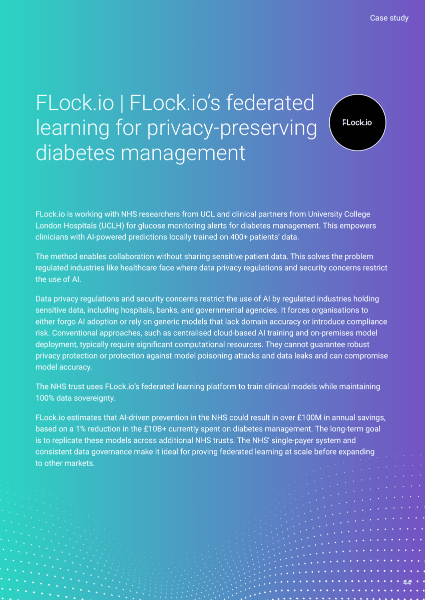 flock_io's tweet photo. FLock is featured alongside Amazon Web Services, BT and Capgemini in @techUK's new report on delivering the UK’s 10 Year Health Plan 🇬🇧

“From Analogue to Digital: How the UK Tech Sector Can Deliver the 10 Year Health Plan” launched at the techUK Health and Care Summit in London, showcasing how digital tools and AI can help deliver the NHS’s 10-Year Health Plan, improve care and reduce costs.

The summit brings together leaders from NHS England, NICE and the MHRA. Speakers include NICE CEO Professor Jonathan Benger and Professor Alastair Denniston, Chair of the National Commission into the Regulation of AI in Healthcare.

Our case study features work with NHS researcher at UCL, Prof. Ken Li and clinical partners at University College London Hospitals (UCLH) on AI-powered glucose prediction for diabetes management, using models trained locally on data from 400+ patients across four continents.

Privacy requirements and security concerns can hold back healthcare AI projects, leaving organisations relying on generic models that lack clinical specificity.

With FLock’s federated learning platform, organisations train on their own data and share encrypted model updates. They can collaborate while keeping sensitive patient records local and maintaining data sovereignty.

The report also looks at potential savings. We estimate that AI-driven prevention could save the NHS over £100M a year if it reduced diabetes-related costs by 1%, based on estimated annual costs of more than £10B.

Our long-term goal is to replicate these models in more NHS trusts and extend this work to other jurisdictions, demonstrating how federated learning can support secure, privacy-preserving AI adoption at scale in healthcare.

Thank you to techUK for featuring our work. We’re pleased to contribute to responsible AI development in the UK and its application in the industry.